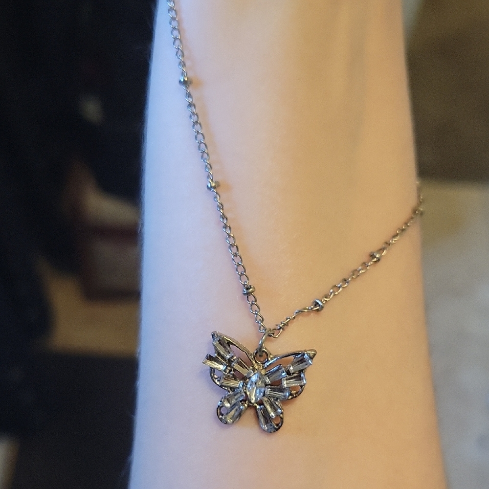 Silver Butterfly Necklace W/ Crystals